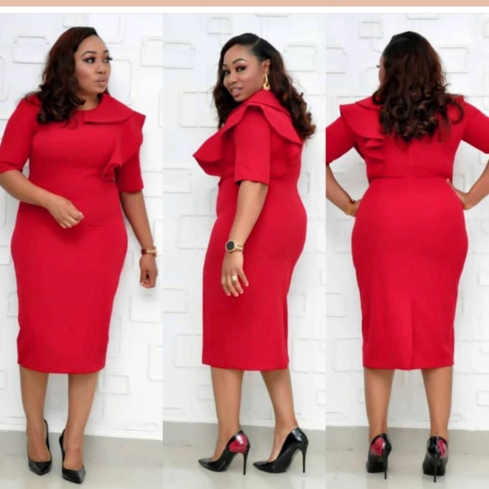 Serafina Premium Apparel Cascading Ruffle Red Scuba Neoprene Midi Dress, US M